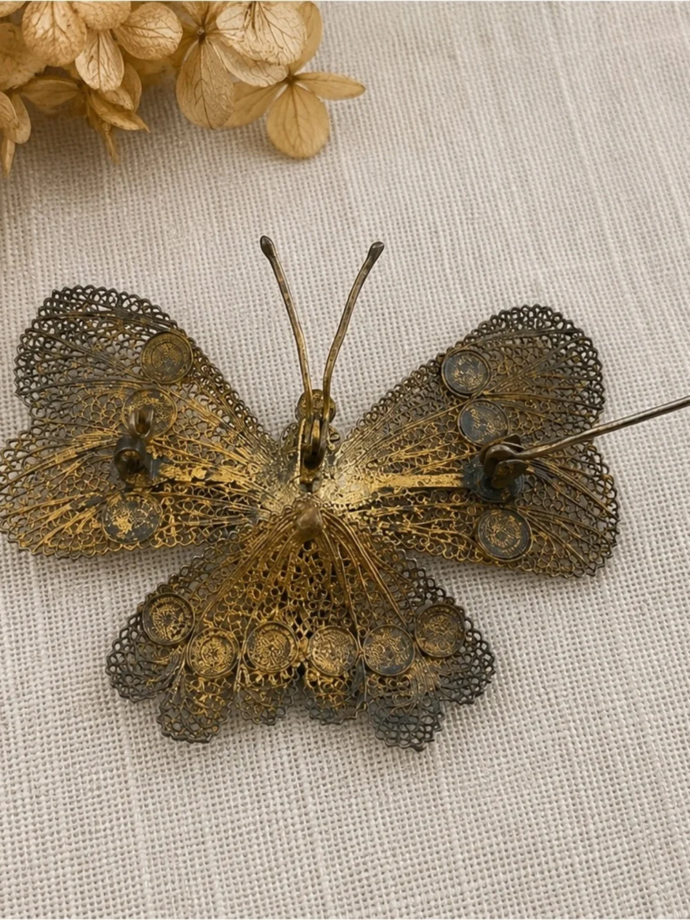 🦋 Antique Gold Vermeil Filigree Butterfly Brooch